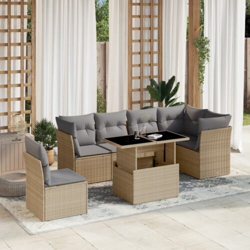 7-Piece Garden Sofa Set with Cushions Beige Poly Rattan Wicker Outdoor Patio Furniture - Image 2