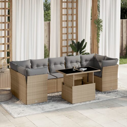 8-Piece Garden Sofa Set with Cushions Beige Poly Rattan Wicker Outdoor Patio Furniture - Image 2