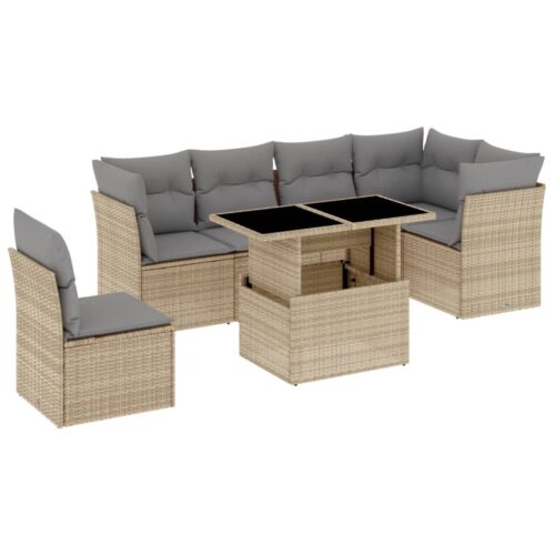 7-Piece Garden Sofa Set with Cushions Beige Poly Rattan Wicker Outdoor Patio Furniture - Image 13