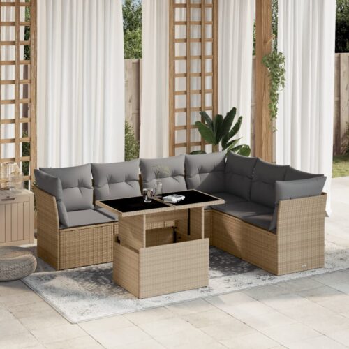7-Piece Garden Sofa Set with Cushions Beige Poly Rattan Wicker Outdoor Patio Furniture - Image 2
