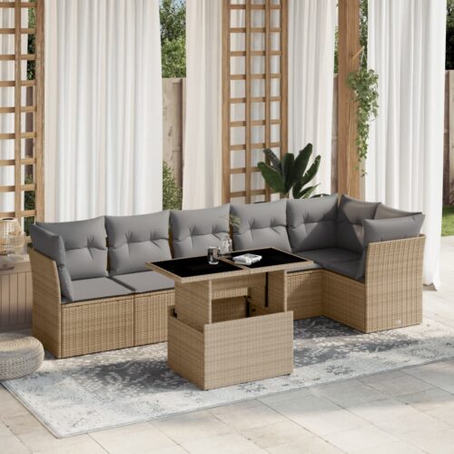 7-Piece Garden Sofa Set with Cushions Beige Poly Rattan Wicker Outdoor Patio Furniture - Image 2