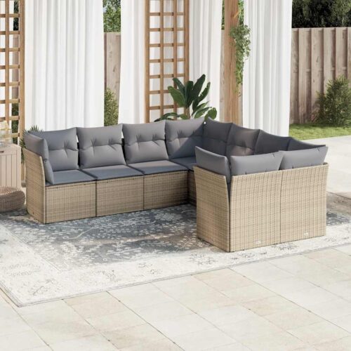 8-Piece Garden Sofa Set with Cushions Beige Poly Rattan Wicker Outdoor Patio Furniture - Image 2
