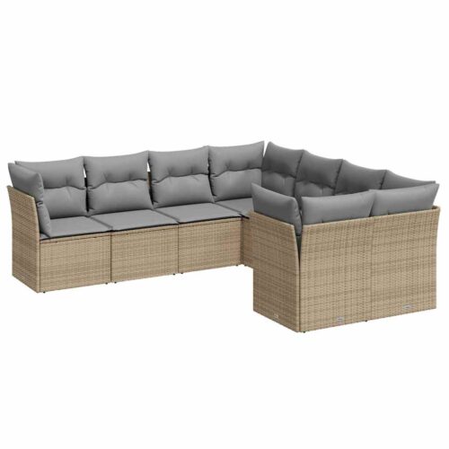 8-Piece Garden Sofa Set with Cushions Beige Poly Rattan Wicker Outdoor Patio Furniture - Image 5