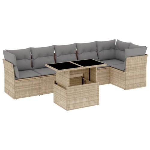 7-Piece Garden Sofa Set with Cushions Beige Poly Rattan Wicker Outdoor Patio Furniture - Image 13