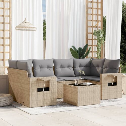 7-Piece Garden Sofa Set with Cushions Beige Poly Rattan Wicker Outdoor Patio Furniture - Image 2