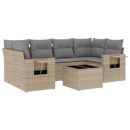7-Piece Garden Sofa Set with Cushions Beige Poly Rattan Wicker Outdoor Patio Furniture - Image 5