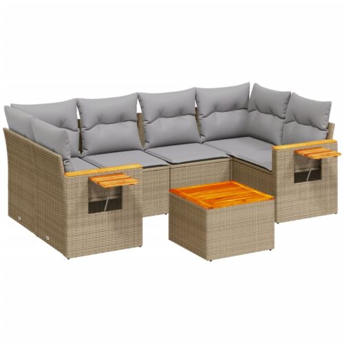 7-Piece Garden Sofa Set with Cushions Beige Poly Rattan Wicker Outdoor Patio Furniture