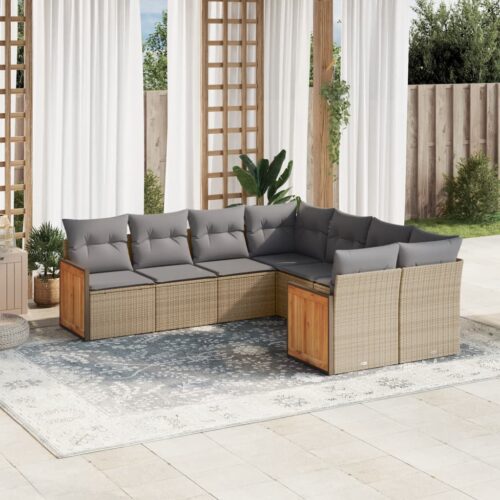 8-Piece Garden Sofa Set with Cushions Beige Poly Rattan Wicker Outdoor Patio Furniture - Image 2