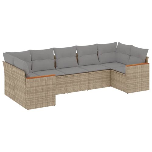 7-Piece Garden Sofa Set with Cushions Beige Poly Rattan Wicker Outdoor Patio Furniture