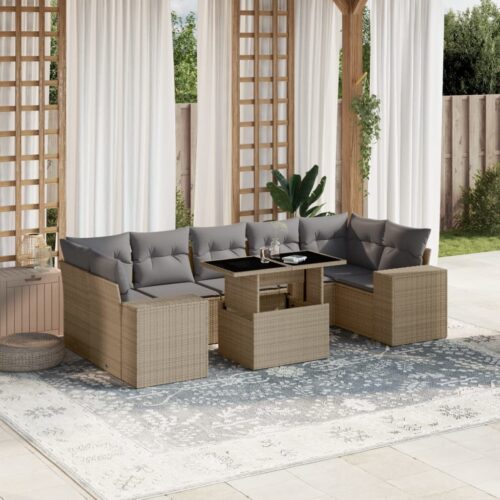 8-Piece Garden Sofa Set with Cushions Beige Poly Rattan Wicker Outdoor Patio Furniture - Image 2