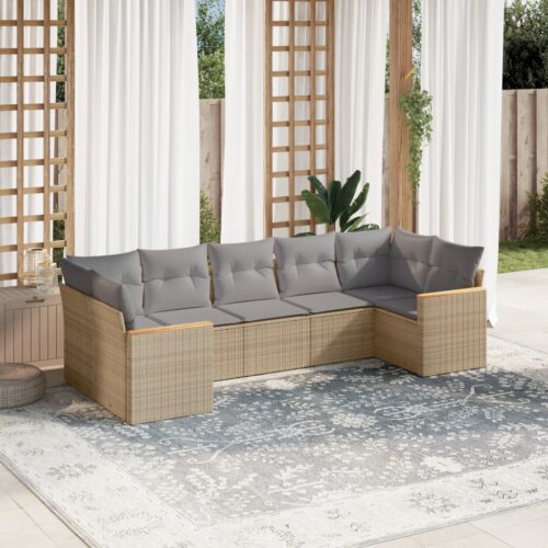 7-Piece Garden Sofa Set with Cushions Beige Poly Rattan Wicker Outdoor Patio Furniture - Image 2