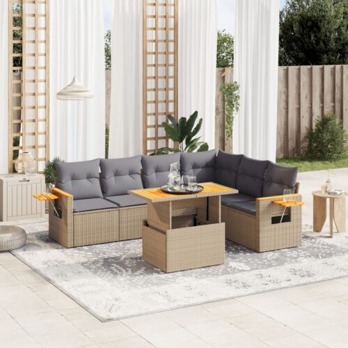 7-Piece Garden Sofa Set with Cushions Beige Poly Rattan Wicker Outdoor Patio Furniture - Image 2