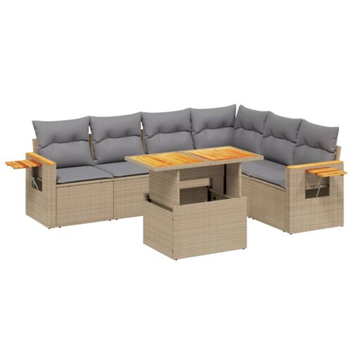 7-Piece Garden Sofa Set with Cushions Beige Poly Rattan Wicker Outdoor Patio Furniture - Image 5