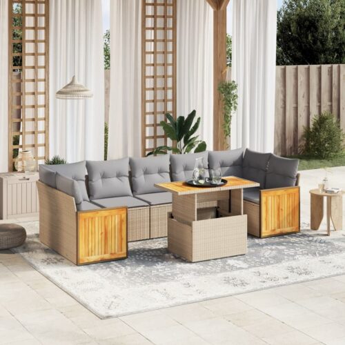 8-Piece Garden Sofa Set with Cushions Beige Poly Rattan Wicker Outdoor Patio Furniture - Image 2