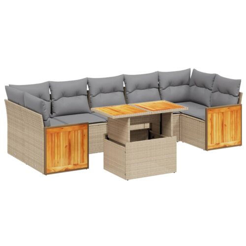 8-Piece Garden Sofa Set with Cushions Beige Poly Rattan Wicker Outdoor Patio Furniture - Image 5