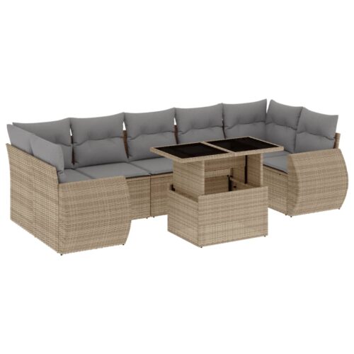 8-Piece Garden Sofa Set with Cushions Beige Poly Rattan Wicker Outdoor Patio Furniture