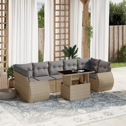 8-Piece Garden Sofa Set with Cushions Beige Poly Rattan Wicker Outdoor Patio Furniture - Image 2