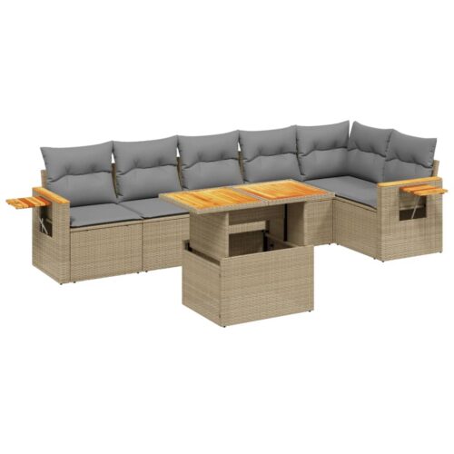 7-Piece Garden Sofa Set with Cushions Beige Poly Rattan Wicker Outdoor Patio Furniture