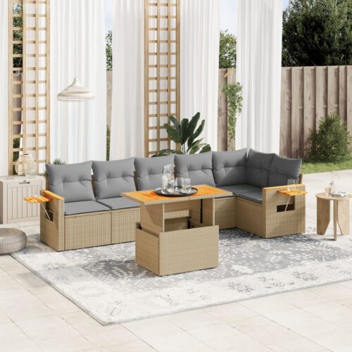 7-Piece Garden Sofa Set with Cushions Beige Poly Rattan Wicker Outdoor Patio Furniture - Image 2