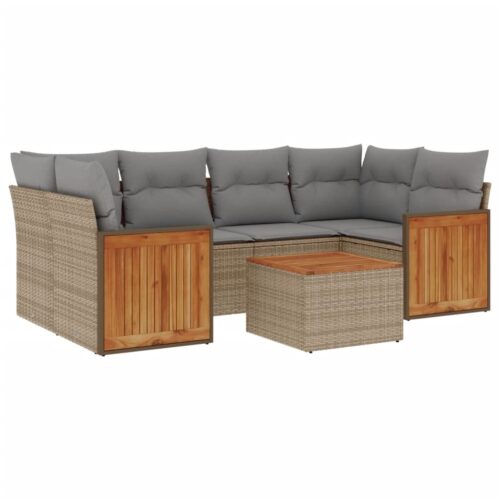 7-Piece Garden Sofa Set with Cushions Beige Poly Rattan Wicker Outdoor Patio Furniture - Image 5