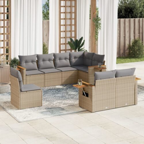 8-Piece Garden Sofa Set with Cushions Beige Poly Rattan Wicker Outdoor Patio Furniture - Image 2