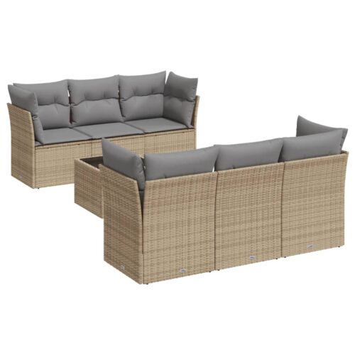 7-Piece Garden Sofa Set with Cushions Beige Poly Rattan Wicker Outdoor Patio Furniture