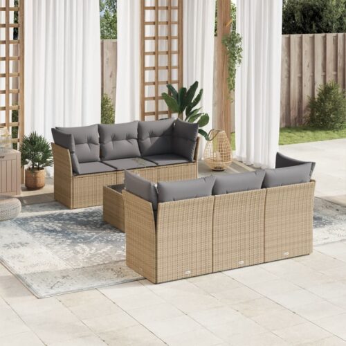 7-Piece Garden Sofa Set with Cushions Beige Poly Rattan Wicker Outdoor Patio Furniture - Image 2
