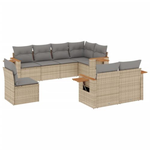 8-Piece Garden Sofa Set with Cushions Beige Poly Rattan Wicker Outdoor Patio Furniture - Image 5
