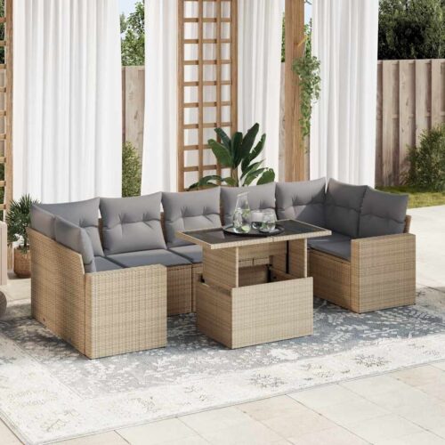 8-Piece Garden Sofa Set with Cushions Beige Poly Rattan Wicker Outdoor Patio Furniture - Image 2