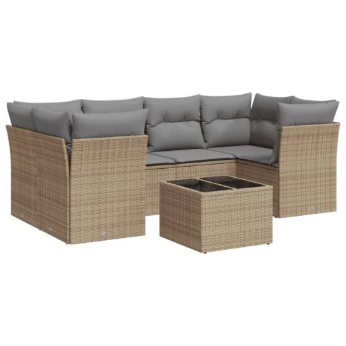 7-Piece Garden Sofa Set with Cushions Beige Poly Rattan Wicker Outdoor Patio Furniture - Image 5