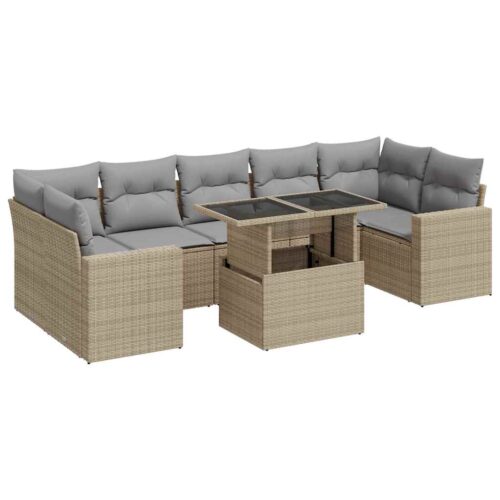 8-Piece Garden Sofa Set with Cushions Beige Poly Rattan Wicker Outdoor Patio Furniture - Image 13
