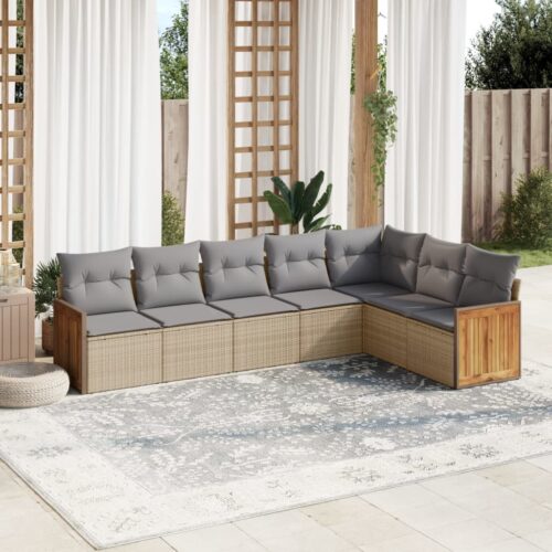 7-Piece Garden Sofa Set with Cushions Beige Poly Rattan Wicker Outdoor Patio Furniture - Image 2