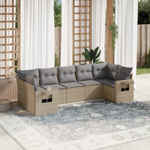 7-Piece Garden Sofa Set with Cushions Beige Poly Rattan Wicker Outdoor Patio Furniture - Image 2