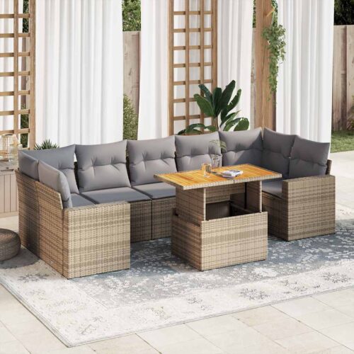8-Piece Garden Sofa Set with Cushions Beige Poly Rattan Wicker Outdoor Patio Furniture - Image 2