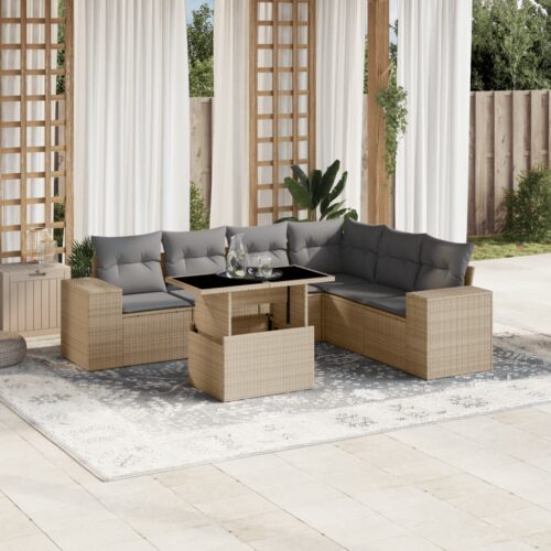 7-Piece Garden Sofa Set with Cushions Beige Poly Rattan Wicker Outdoor Patio Furniture - Image 2