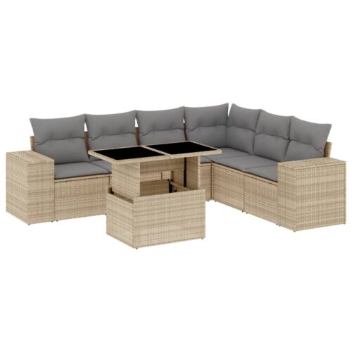7-Piece Garden Sofa Set with Cushions Beige Poly Rattan Wicker Outdoor Patio Furniture - Image 13