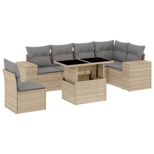 7-Piece Garden Sofa Set with Cushions Beige Poly Rattan Wicker Outdoor Patio Furniture