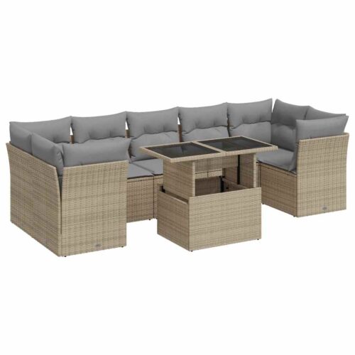 8-Piece Garden Sofa Set with Cushions Beige Poly Rattan Wicker Outdoor Patio Furniture - Image 13