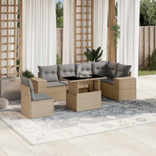 7-Piece Garden Sofa Set with Cushions Beige Poly Rattan Wicker Outdoor Patio Furniture - Image 2