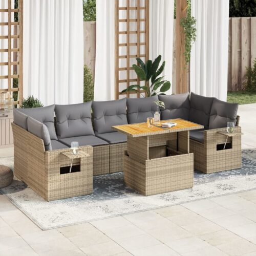 8-Piece Garden Sofa Set with Cushions Beige Poly Rattan Wicker Outdoor Patio Furniture - Image 2