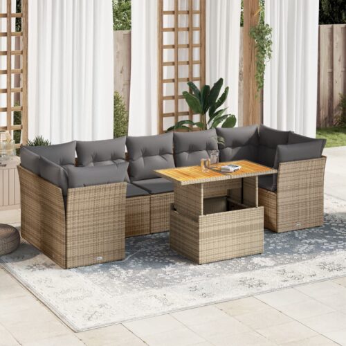 8-Piece Garden Sofa Set with Cushions Beige Poly Rattan Wicker Outdoor Patio Furniture - Image 2