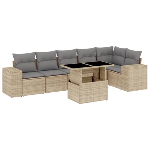 7-Piece Garden Sofa Set with Cushions Beige Poly Rattan Wicker Outdoor Patio Furniture - Image 13