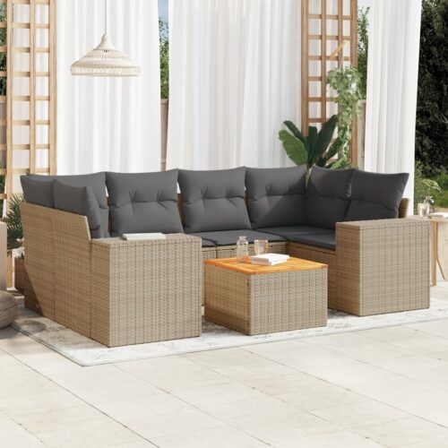 7-Piece Garden Sofa Set with Cushions Beige Poly Rattan Wicker Outdoor Patio Furniture - Image 2