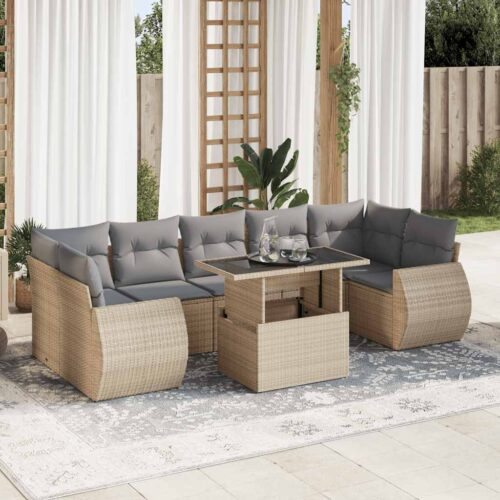 8-Piece Garden Sofa Set with Cushions Beige Poly Rattan Wicker Outdoor Patio Furniture - Image 2