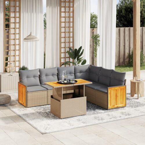 7-Piece Garden Sofa Set with Cushions Beige Poly Rattan Wicker Outdoor Patio Furniture - Image 2