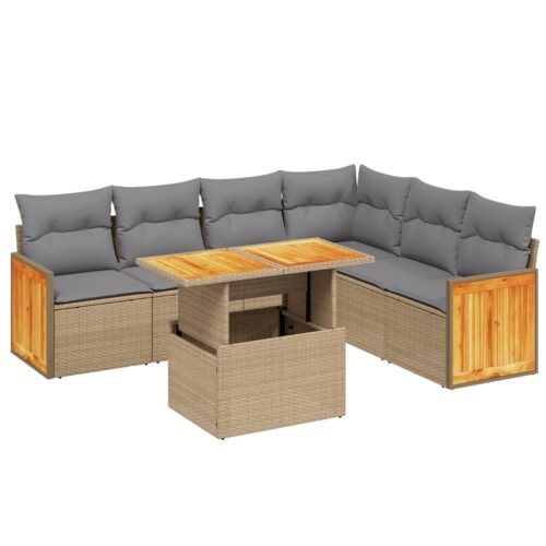 7-Piece Garden Sofa Set with Cushions Beige Poly Rattan Wicker Outdoor Patio Furniture - Image 5