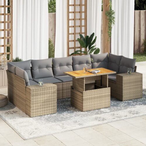 8-Piece Garden Sofa Set with Cushions Beige Poly Rattan Wicker Outdoor Patio Furniture - Image 2