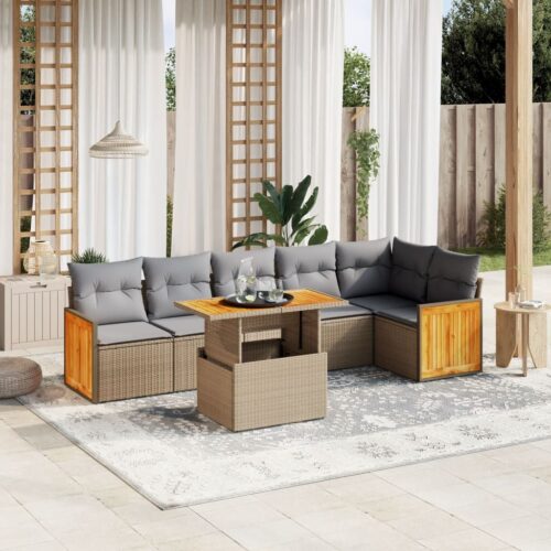 7-Piece Garden Sofa Set with Cushions Beige Poly Rattan Wicker Outdoor Patio Furniture - Image 2