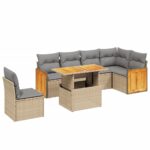 7-Piece Garden Sofa Set with Cushions Beige Poly Rattan Wicker Outdoor Patio Furniture