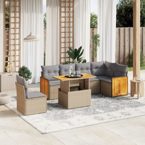 7-Piece Garden Sofa Set with Cushions Beige Poly Rattan Wicker Outdoor Patio Furniture - Image 2